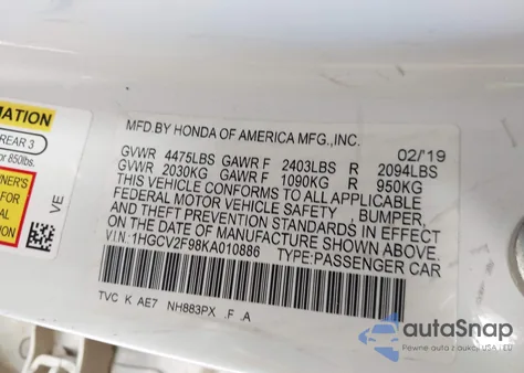 2019 Honda Accord Touring 2.0T из США, поврежденный, VIN 1HGCV2F98KA010886